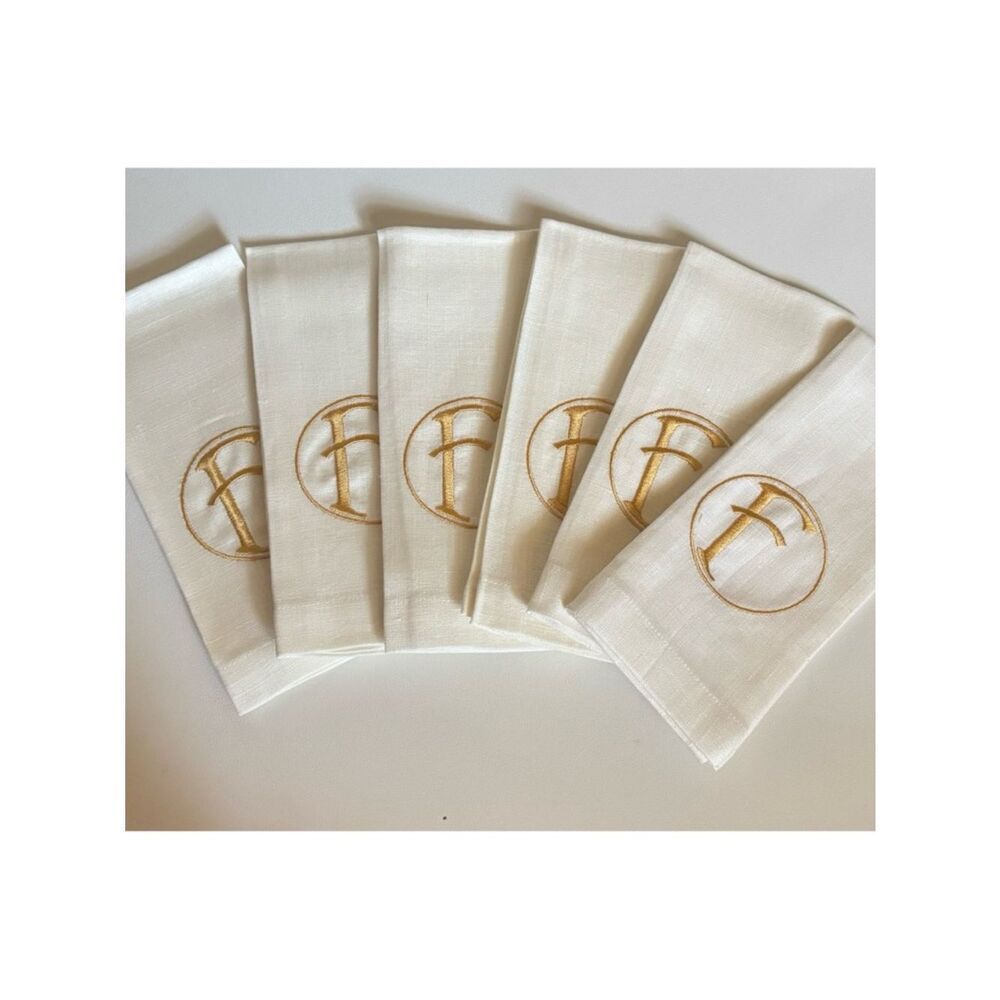 Frontgate Embroidered Monogram “F”Linen Guest Towels in Ivory Set of 6~ New